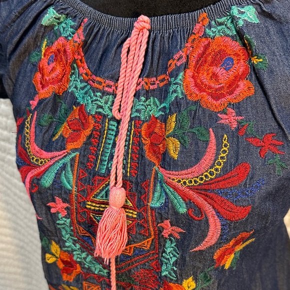 Navy Floral Embroidered On Off Shoulder Mini Dress Size Small - Picture 3 of 11